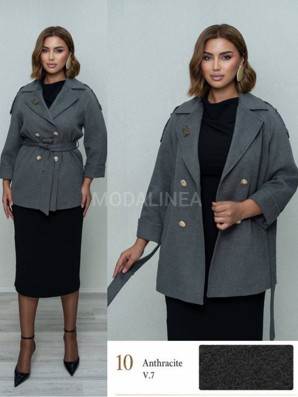 Women's Anthracite Double-Breasted Trench Coat with Belt cashmere